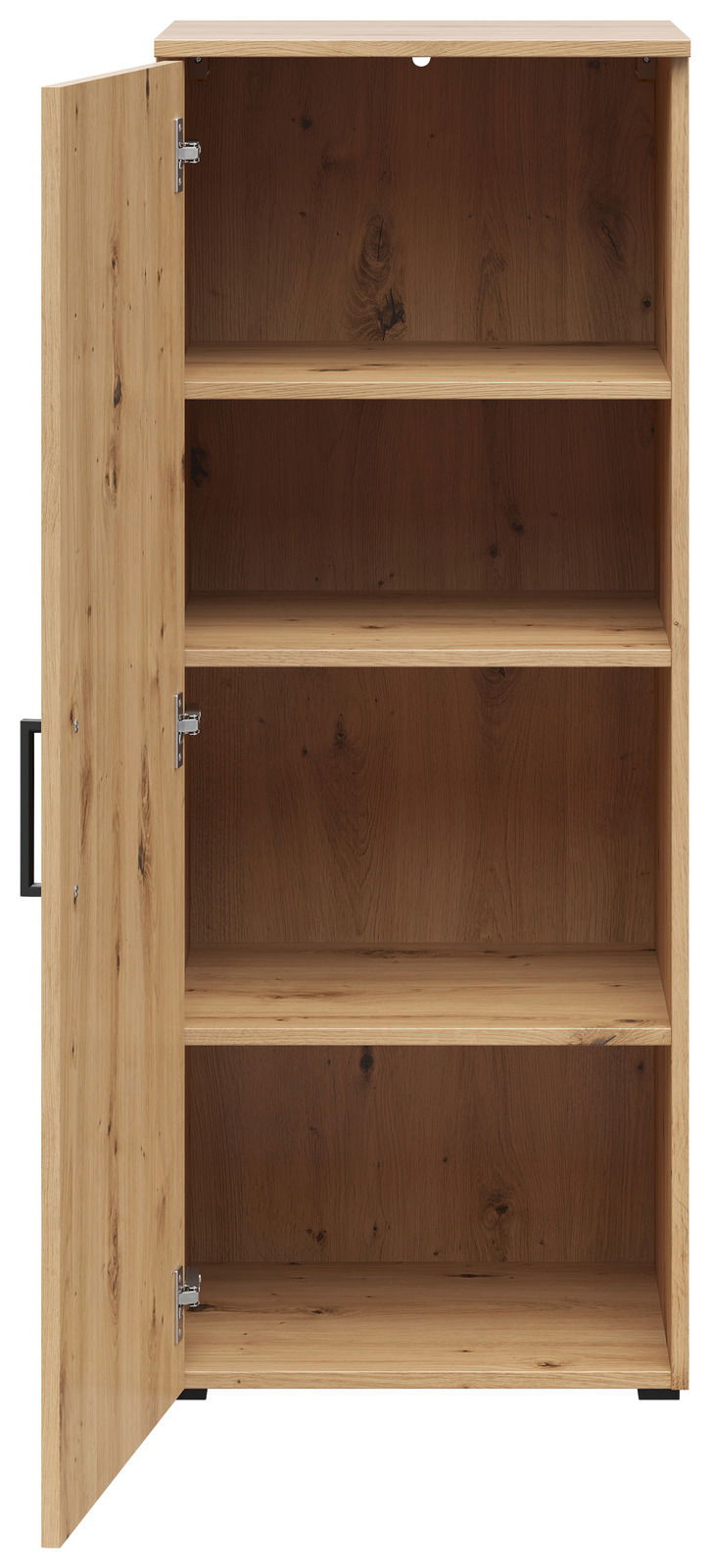 Geöffnete Kommode aus Holz mit drei Regalböden, Frontansicht
