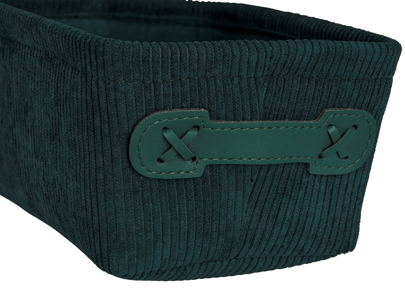 Nahaufnahme eines dunkelgrünen Badkorbs Anela mini mit gerippter Textur und dekorativem Griffdetail.