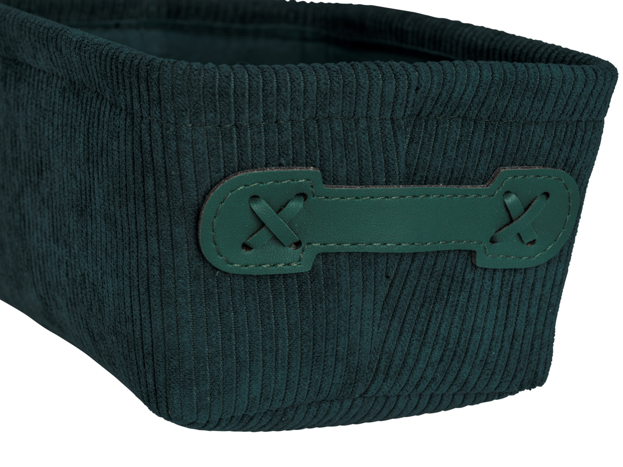 Nahaufnahme eines dunkelgrünen Badkorbs Anela mini mit gerippter Textur und dekorativem Griffdetail.