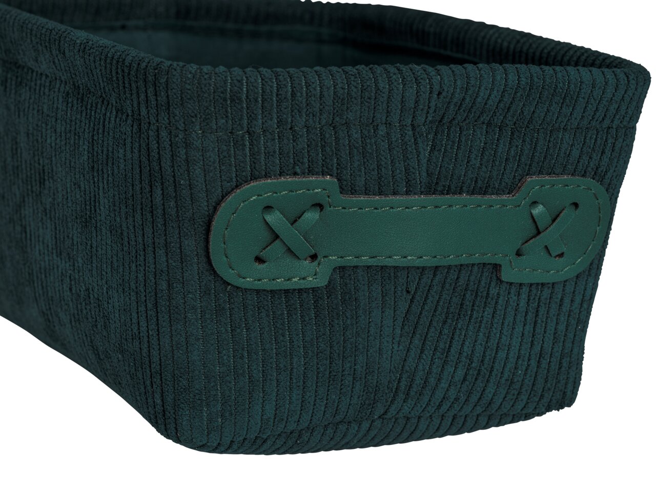 Nahaufnahme eines dunkelgrünen Badkorbs Anela mini mit gerippter Textur und dekorativem Griffdetail.