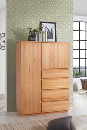 Hochwertiges Highboard aus Holz mit mehreren Schubladen und Türen, seitliche Perspektive