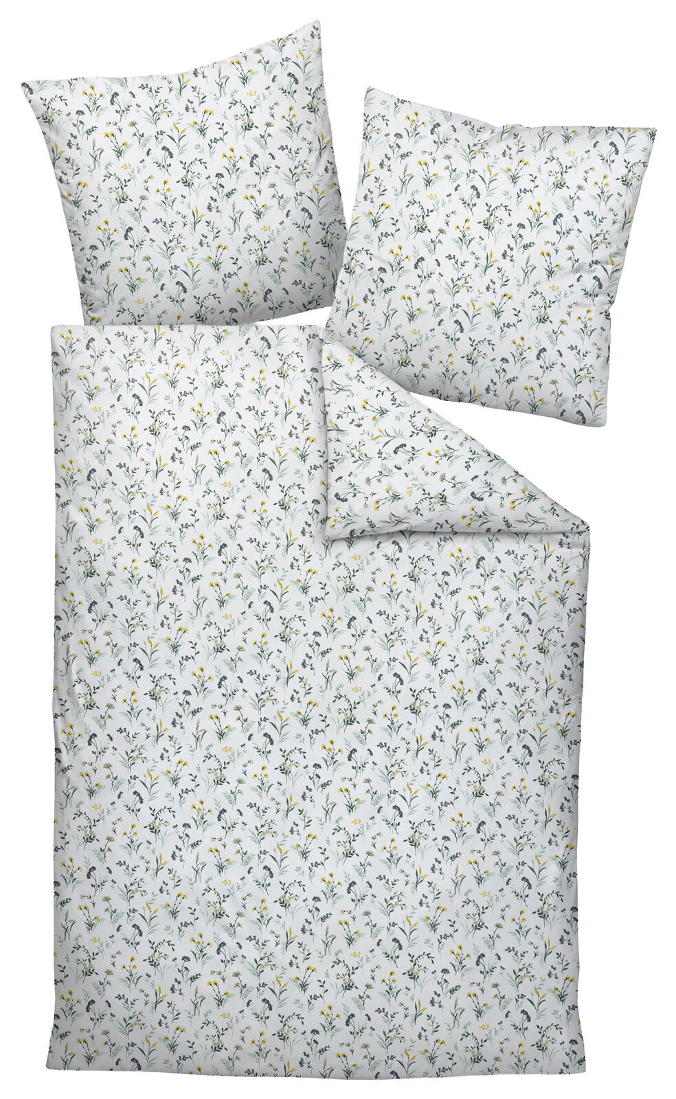Bettwäsche-Set mit floralem Muster in Weiß und Gelb, bestehend aus einem Bettbezug und zwei Kissenbezügen, aus der Vogelperspektive fotografiert.