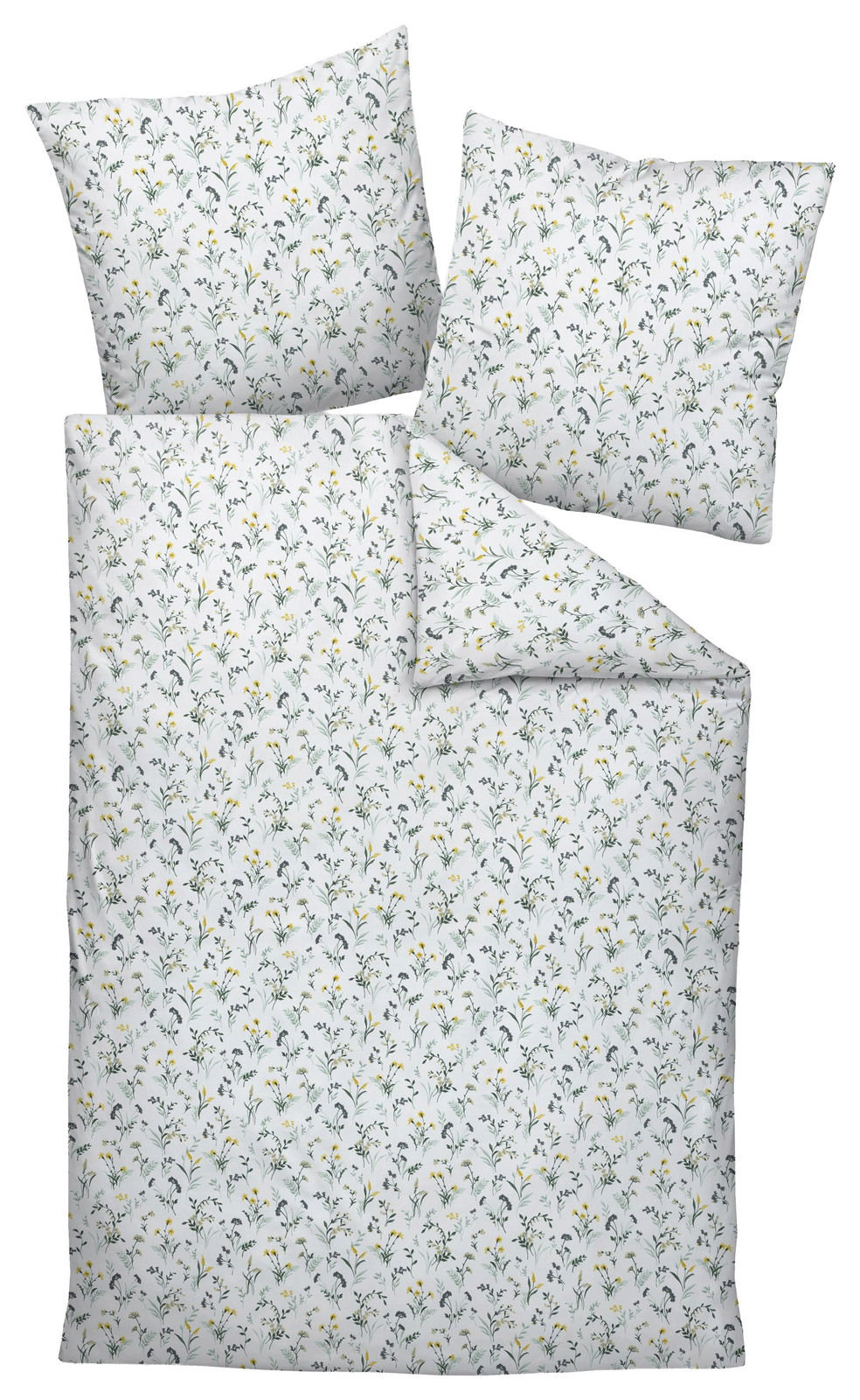 Bettwäsche-Set mit floralem Muster in Weiß und Gelb, bestehend aus einem Bettbezug und zwei Kissenbezügen, aus der Vogelperspektive fotografiert.