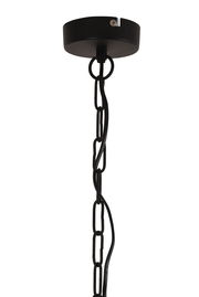 Nahaufnahme der schwarzen Aufhängung einer Hängeleuchte mit Kette, von unten betrachtet.