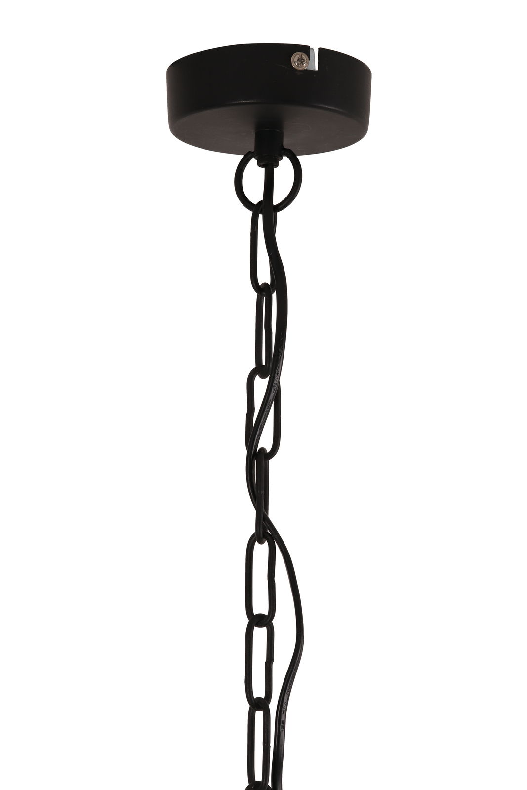 Nahaufnahme der schwarzen Aufhängung einer Hängeleuchte mit Kette, von unten betrachtet.