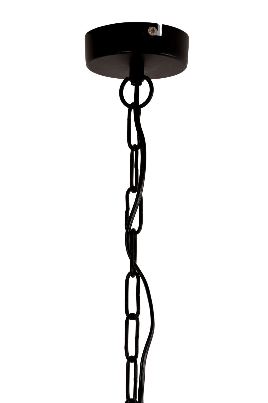Nahaufnahme der schwarzen Aufhängung einer Hängeleuchte mit Kette, von unten betrachtet.