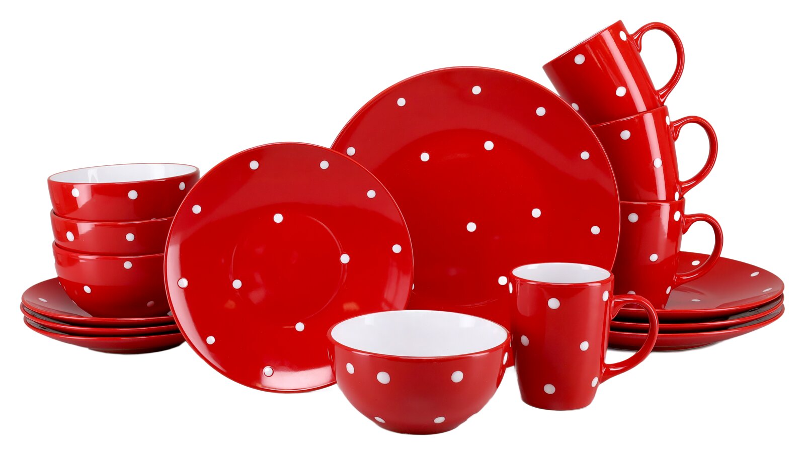 Rotes Geschirr-Set mit weißen Punkten (Teller, Schalen und Becher) auf weißem Hintergrund, frontal in leichter Schrägansicht fotografiert