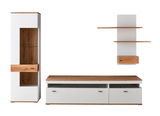 Moderne Wandkombination in Weiß und Holzoptik, bestehend aus einem hohen Schrank, einem TV-Board und einem Wandregal, frontal abgebildet.