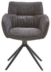 Grauer Armlehnstuhl mit gepolstertem Sitz und Rückenlehne, auf schwarzem Metallgestell, Frontalansicht.