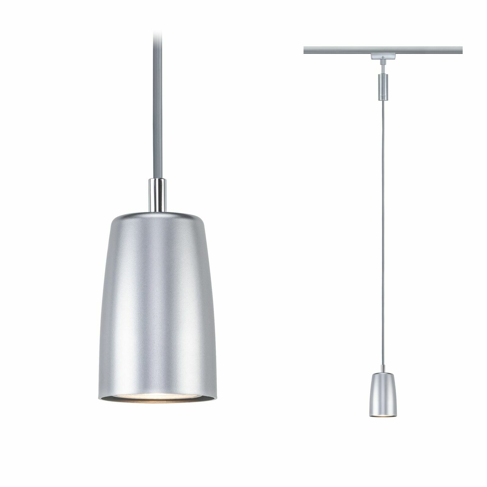 Silbernes Schienenpendel Cover von PAULMANN, zylindrische Form, von vorne und seitlich gezeigt, geeignet für URAIL-Systeme.