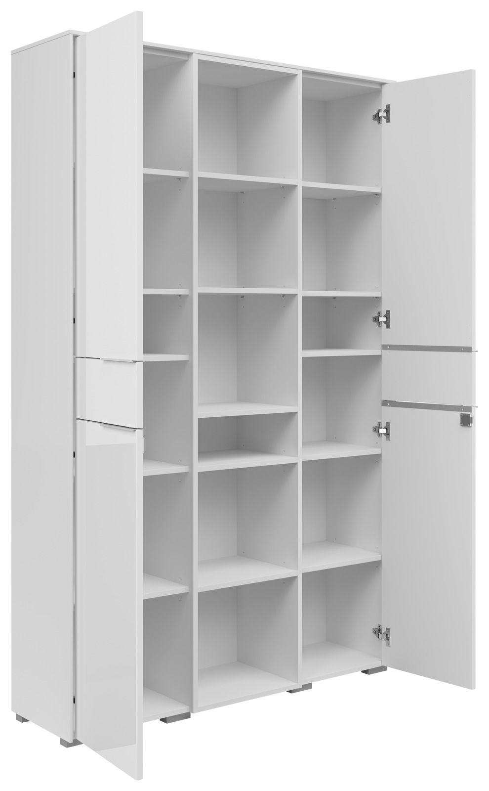 Weißer Aktenschrank mit zwei geöffneten Türen, zeigt mehrere Regalfächer aus einer schrägen Perspektive.