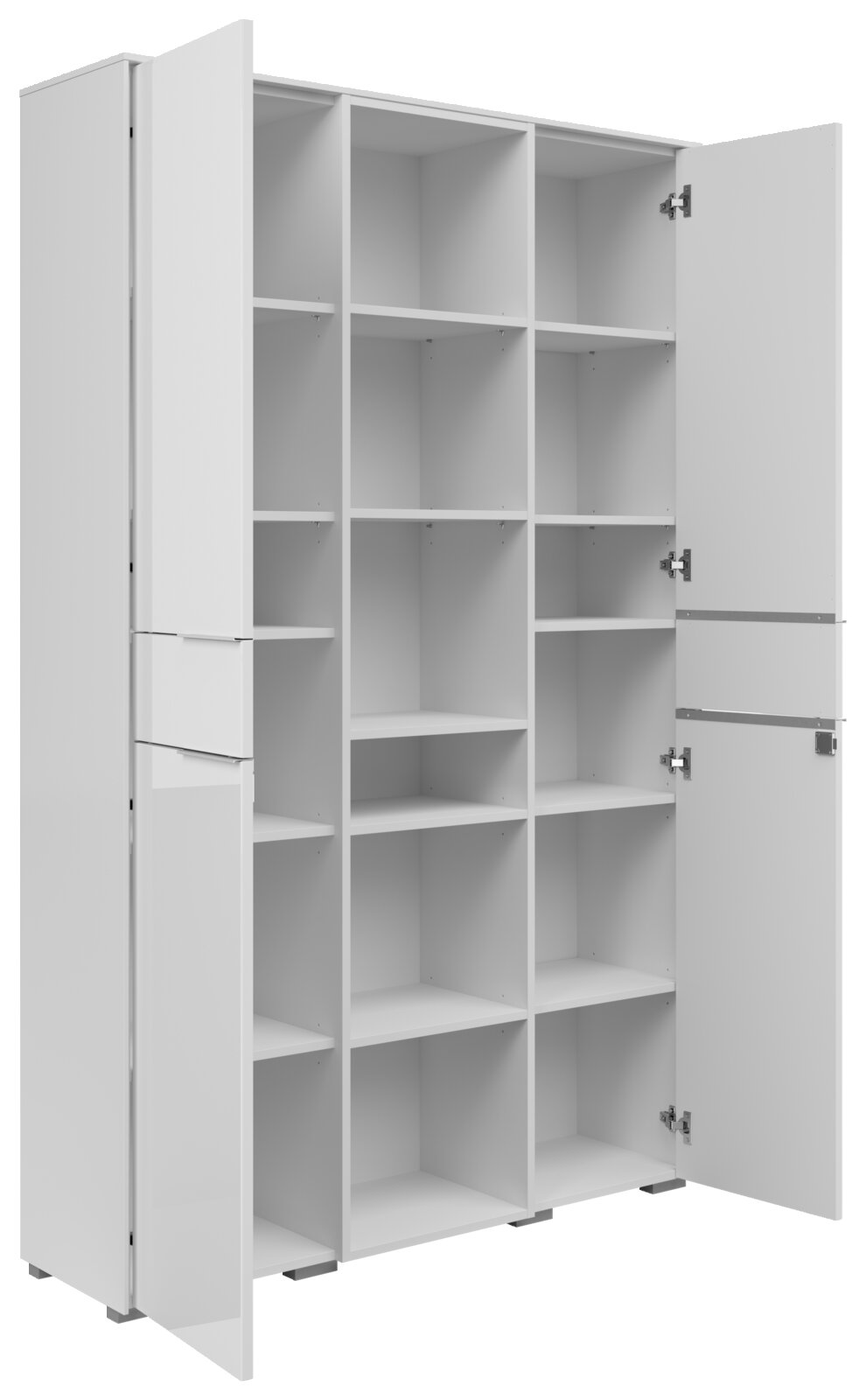 Weißer Aktenschrank mit zwei geöffneten Türen, zeigt mehrere Regalfächer aus einer schrägen Perspektive.