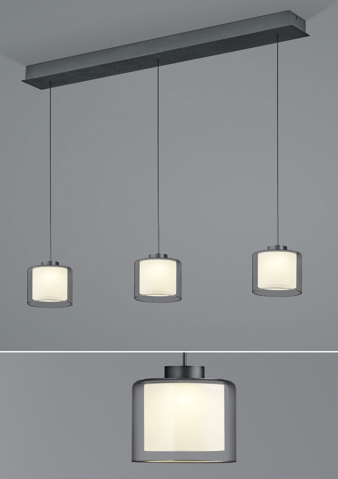 Dreifache LED-Pendelleuchte KLARA in moderner, minimalistischer Ausführung, seitliche Perspektive.