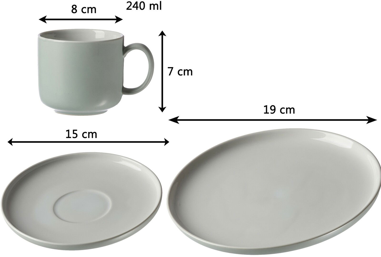 Kaffee-Set Jasper 12-tlg. in mint, bestehend aus einer Tasse mit 240 ml Fassungsvermögen, einem Unterteller mit 15 cm Durchmesser und einem Teller mit 19 cm Durchmesser, seitliche Ansicht.