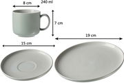 Kaffee-Set Jasper 12-tlg. in mint, bestehend aus einer Tasse mit 240 ml Fassungsvermögen, einem Unterteller mit 15 cm Durchmesser und einem Teller mit 19 cm Durchmesser, seitliche Ansicht.
