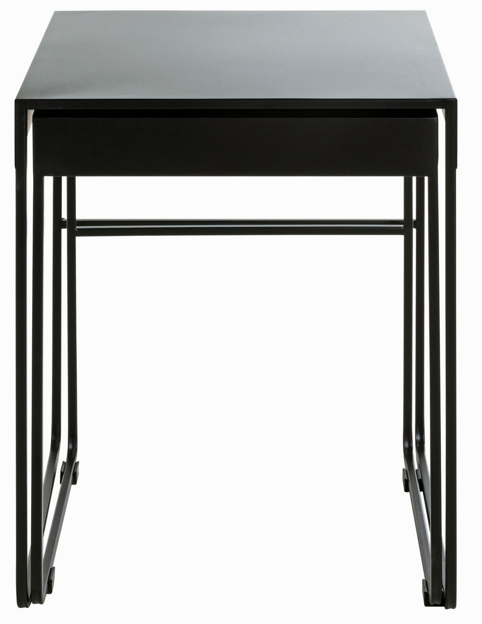 Schwarzer Beistelltisch im modernen Design, frontal fotografiert.