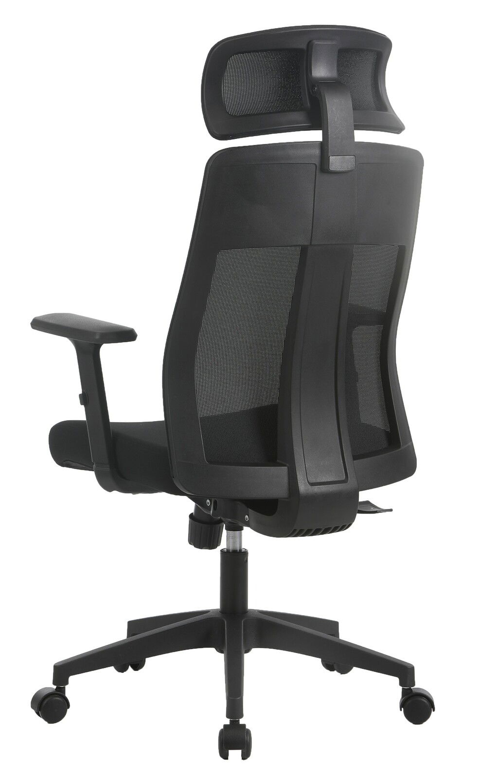 Rückansicht eines schwarzen Drehstuhls mit Netzrückenlehne und Kopfstütze