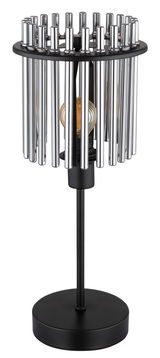 Moderne Tischleuchte GORLEY mit zylindrischem Chrom-Design, frontal abgebildet. Die Leuchte hat einen schwarzen Sockel und eine sichtbare Glühbirne im Inneren.