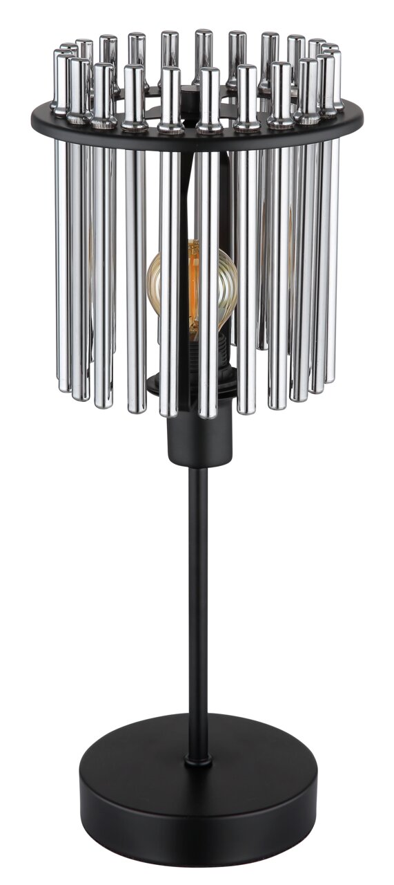 Moderne Tischleuchte GORLEY mit zylindrischem Chrom-Design, frontal abgebildet. Die Leuchte hat einen schwarzen Sockel und eine sichtbare Glühbirne im Inneren.