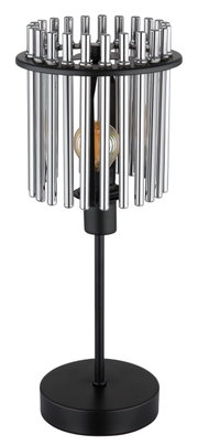 Moderne Tischleuchte GORLEY mit zylindrischem Chrom-Design, frontal abgebildet. Die Leuchte hat einen schwarzen Sockel und eine sichtbare Glühbirne im Inneren.