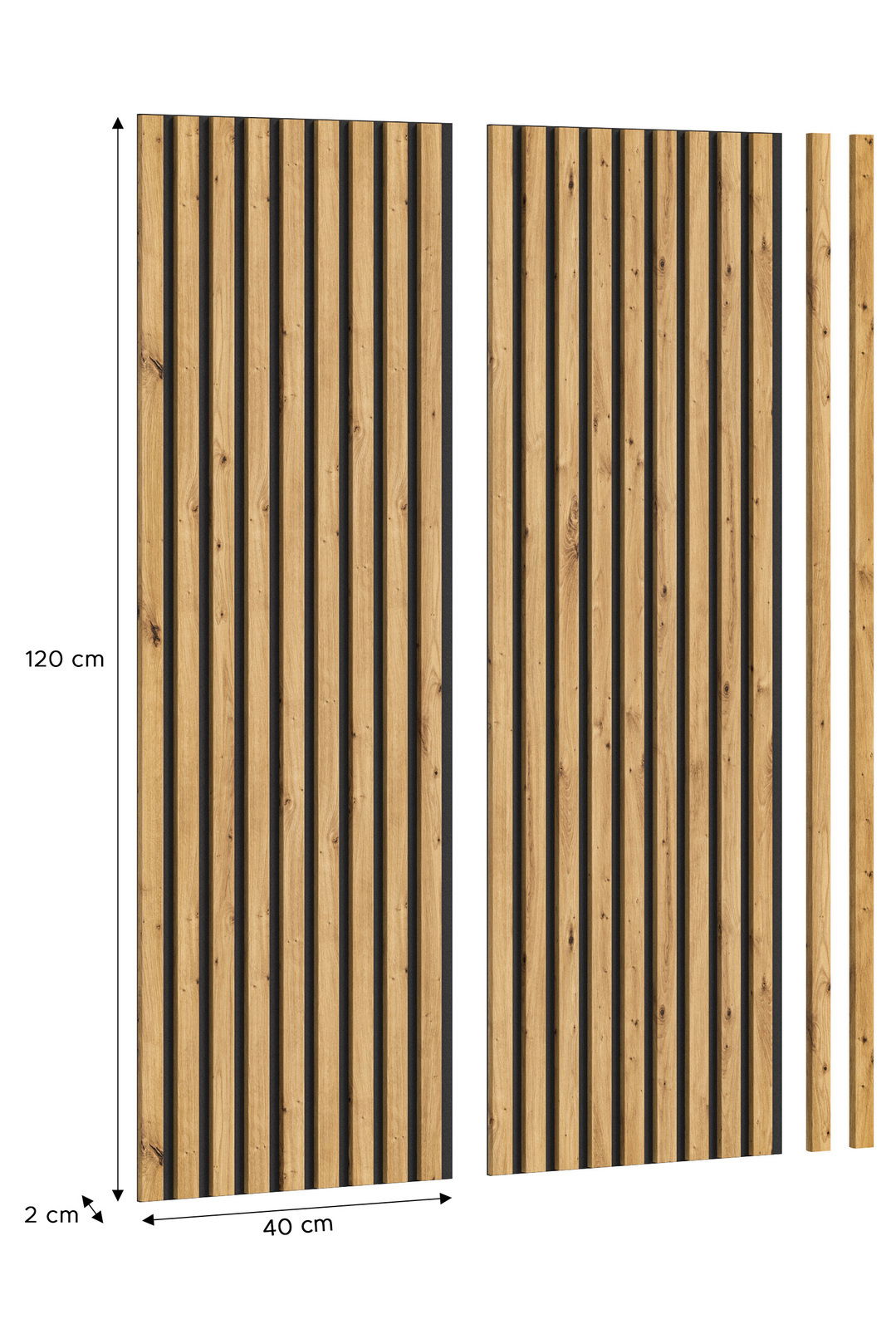 Akustikpaneel aus Holz mit vertikalen Streifen, Maße 120 cm x 40 cm x 2 cm, Vorderansicht