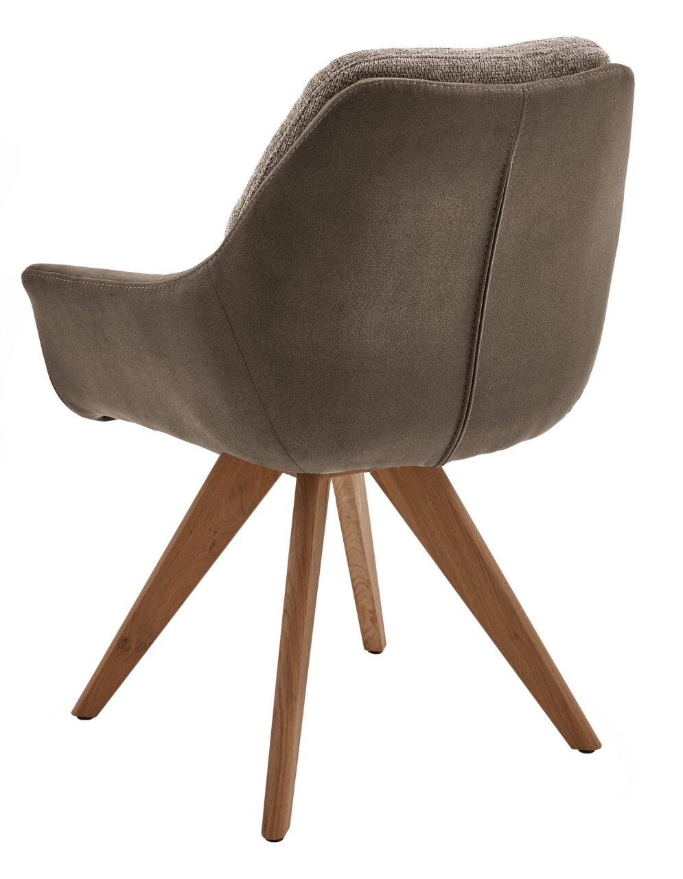 Rückansicht eines modernen Armlehnstuhls mit braunem Stoffbezug und Holzbeinen.