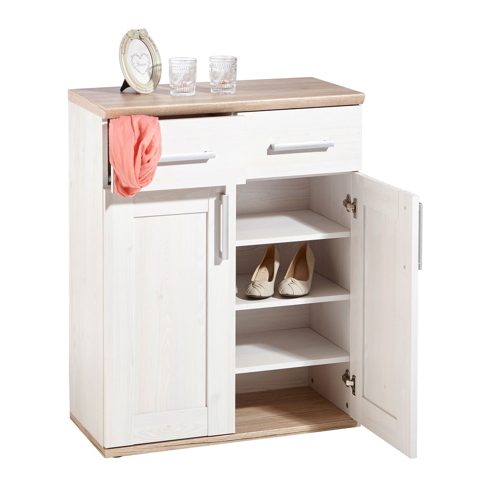 Schuhschrank in heller Holzoptik mit zwei Schubladen und offenen Türen, seitliche Perspektive