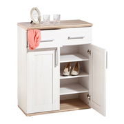 Schuhschrank in heller Holzoptik mit zwei Schubladen und offenen Türen, seitliche Perspektive