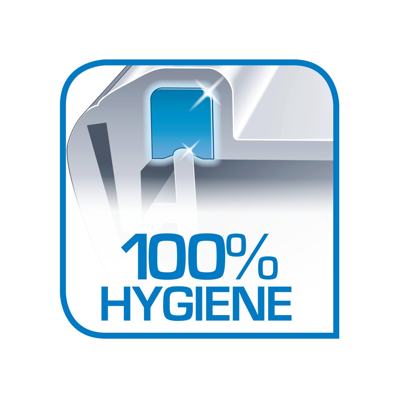Illustration eines Hygienesiegels mit der Aufschrift '100% Hygiene' in blauer Schrift auf weißem Hintergrund, perspektivisch von vorne betrachtet.