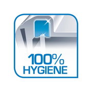 Illustration eines Hygienesiegels mit der Aufschrift '100% Hygiene' in blauer Schrift auf weißem Hintergrund, perspektivisch von vorne betrachtet.