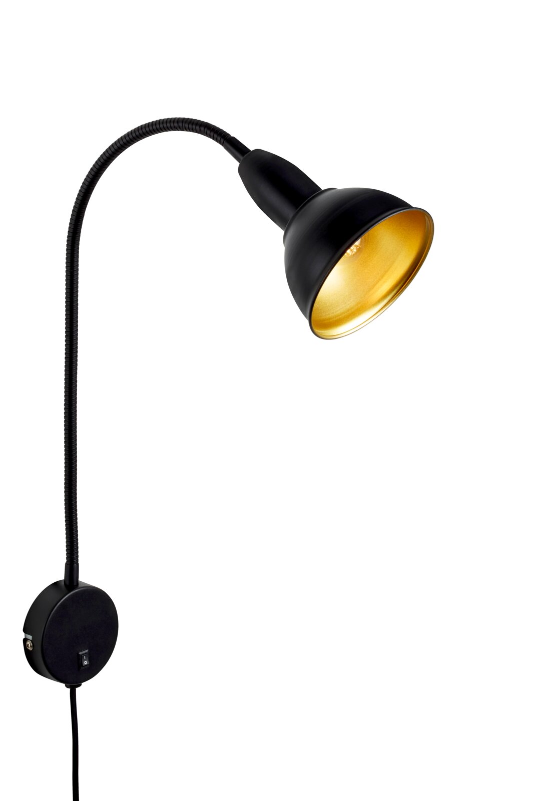 Schwarze Wand- bzw. Leselampe mit flexiblem Schwanenhals und goldenem Reflektor, seitliche Ansicht auf weißem Hintergrund