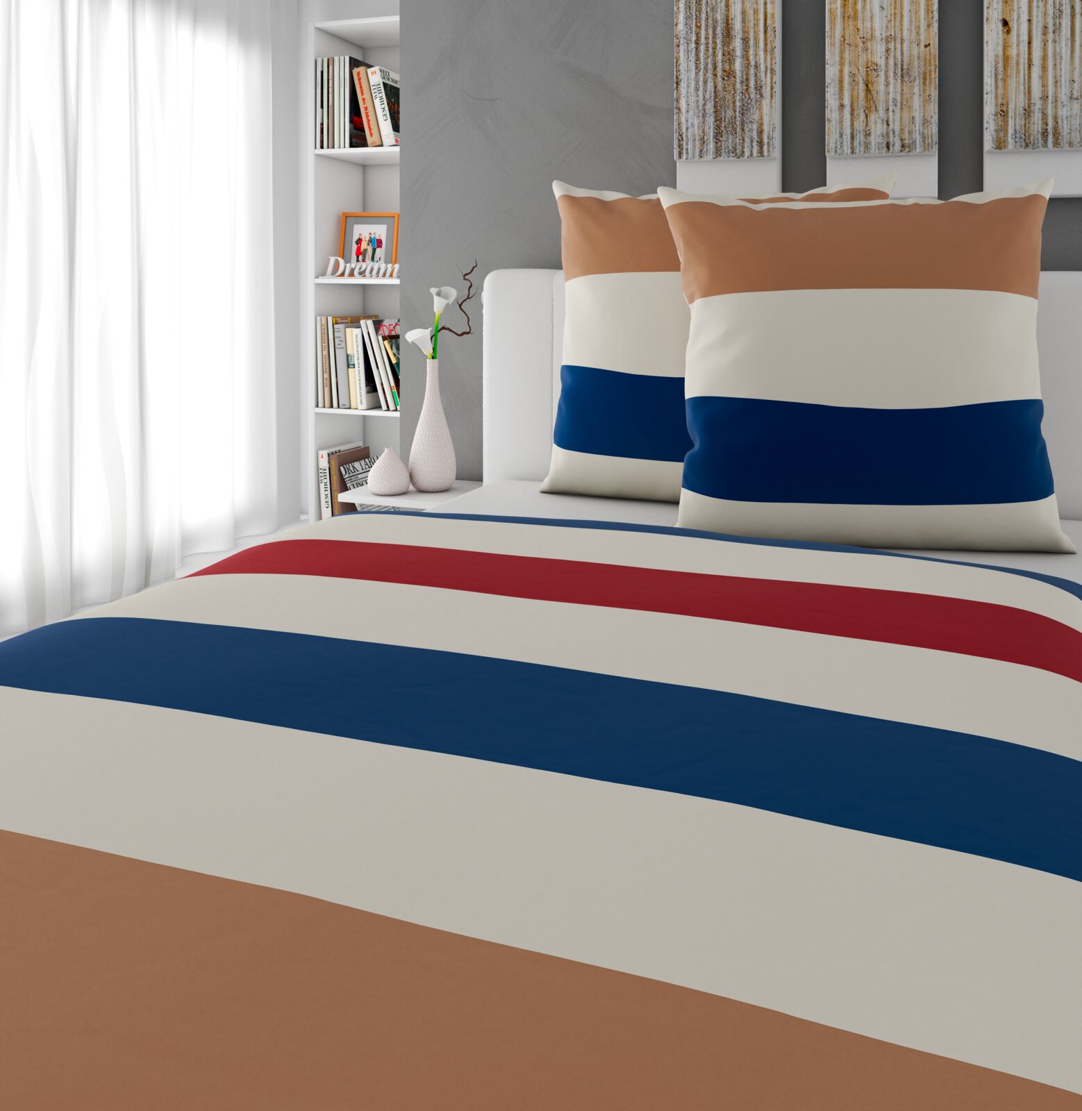 Omkeerbaar beddengoed van 200 x 200 cm met brede horizontale strepen in bruin, wit, blauw en rood, op een bed in een moderne slaapkamer met boekenkast en decoraties, gezien van voren.