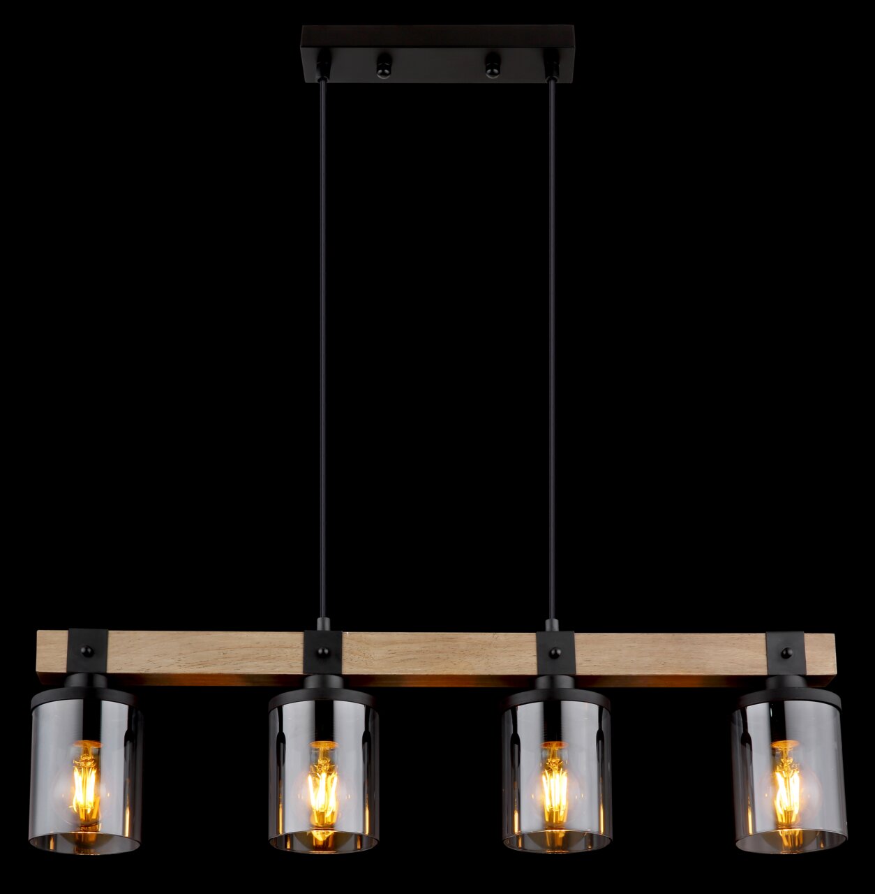 Moderne Hängeleuchte mit vier Glühbirnen in Glaszylindern, Holz- und Metallelementen, frontal betrachtet.