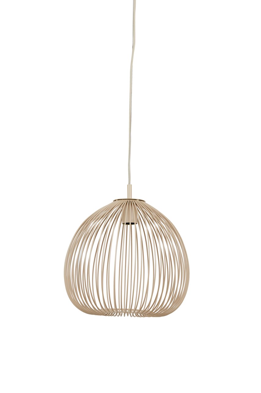Hängeleuchte mit modernem, offenen Design aus Metallstäben in beige, seitliche Perspektive
