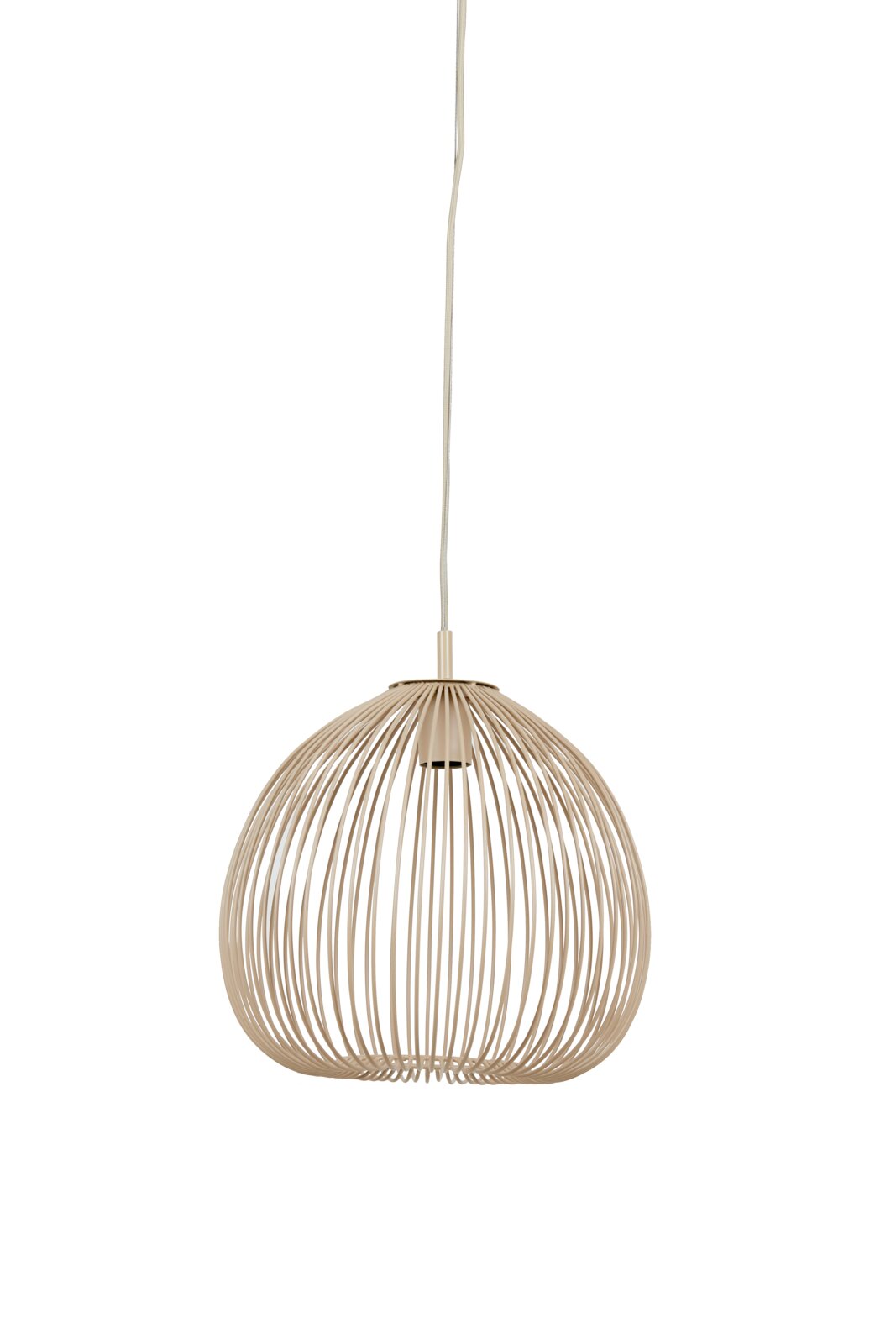 Hängeleuchte mit modernem, offenen Design aus Metallstäben in beige, seitliche Perspektive