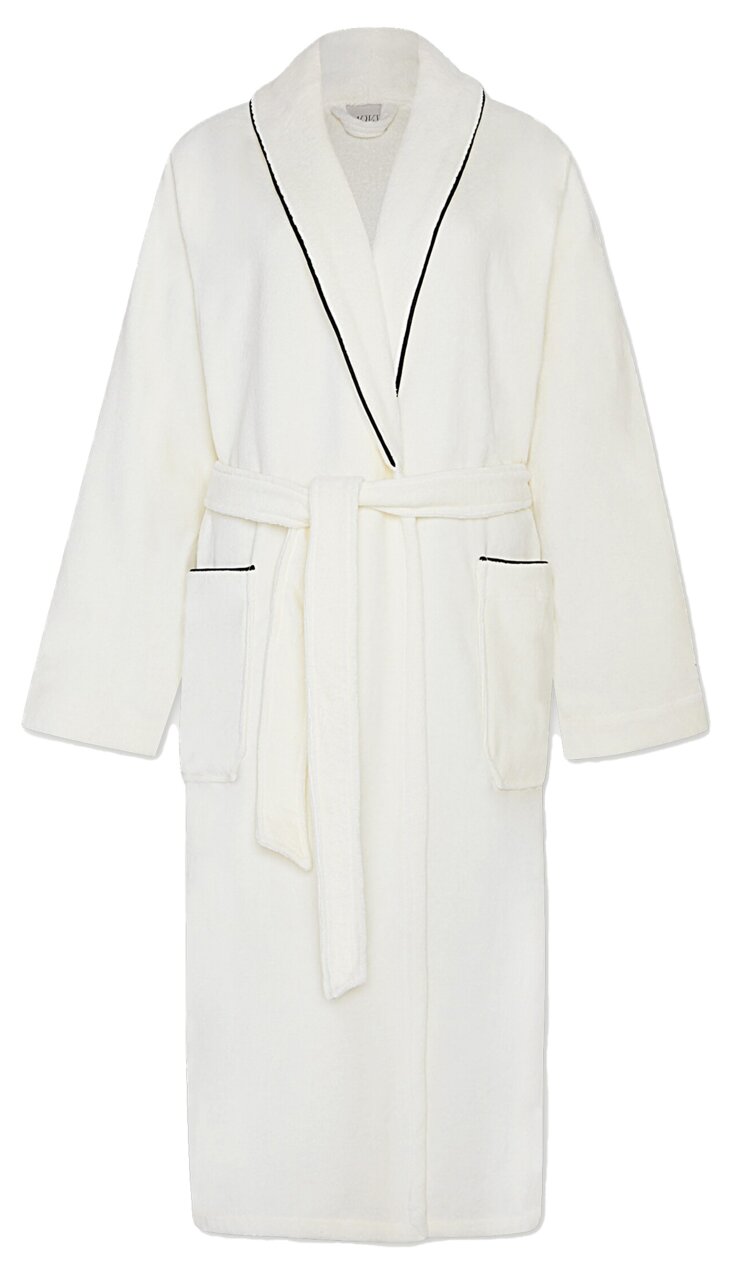 Weißer Bademantel mit Schalkragen und schwarzer Paspelierung, Vorderansicht