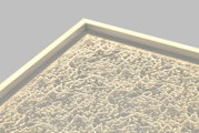 Close-up van een led-plafondlamp met een gestructureerd, lichtgevend patroon, gezien vanuit een perspectief van onderaf.