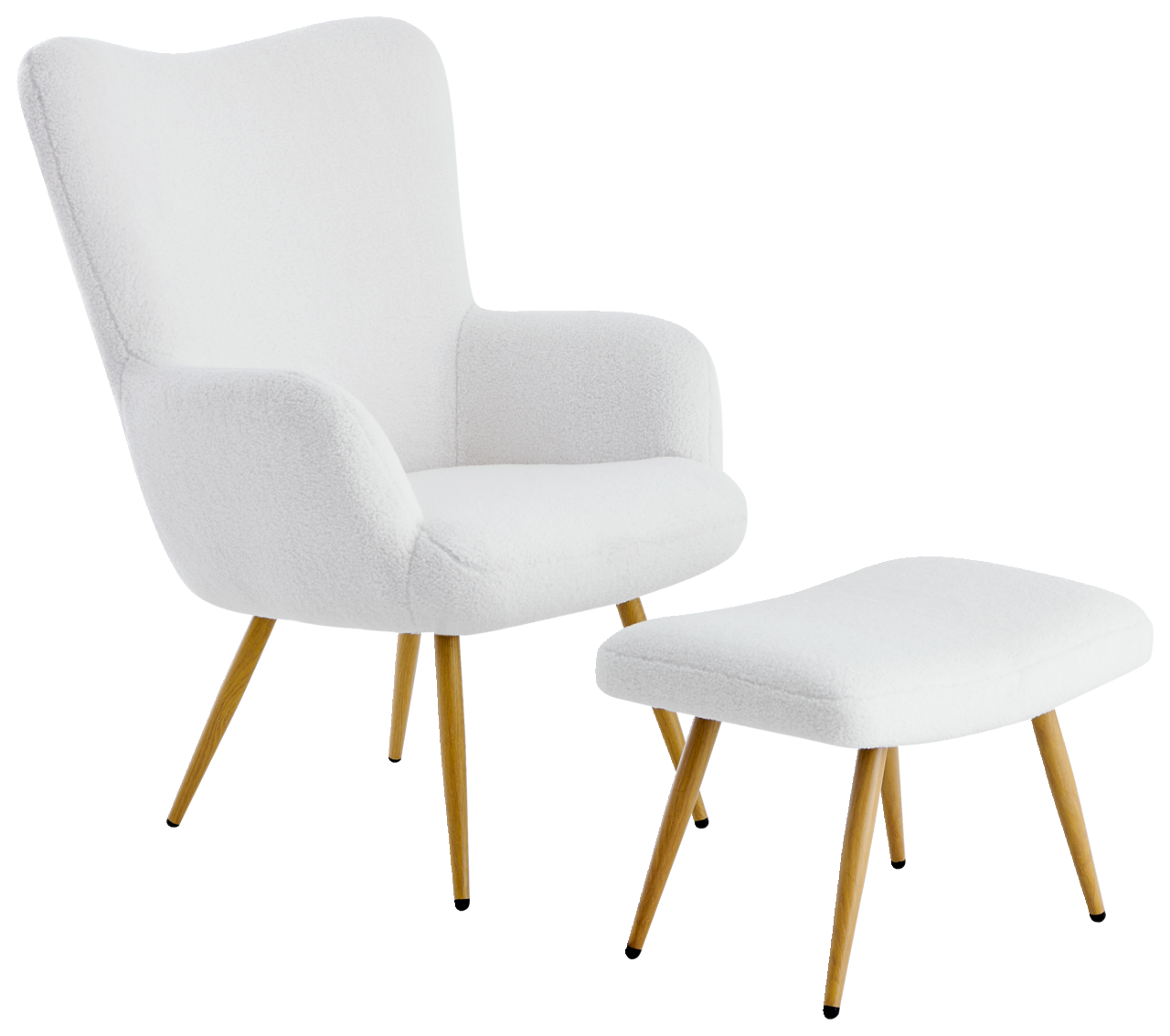 Weißer Sessel mit Hocker, seitliche Perspektive, moderne Holzbeine