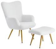 Weißer Sessel mit Hocker, seitliche Perspektive, moderne Holzbeine