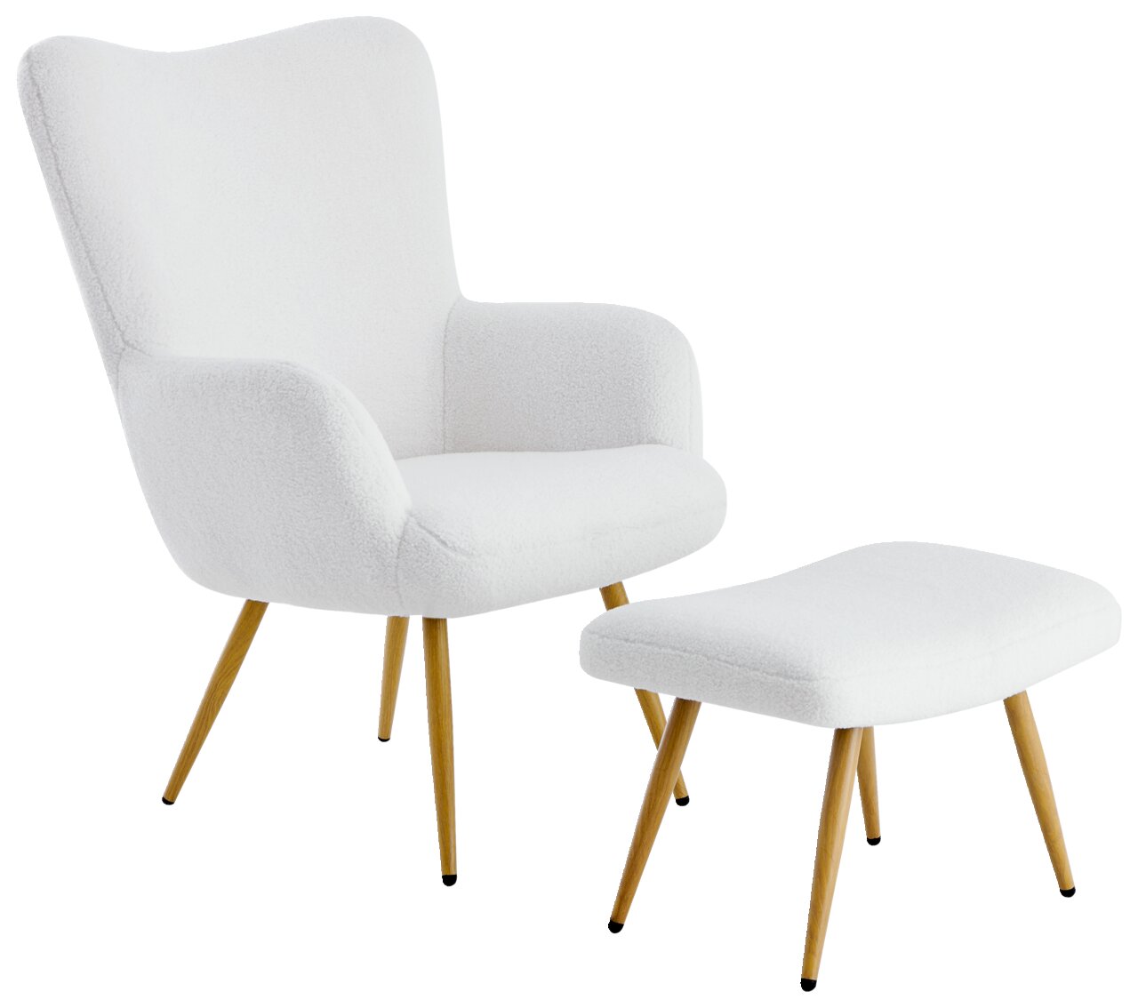 Witte fauteuil met bijzetkruk, zijaanzicht, moderne houten poten