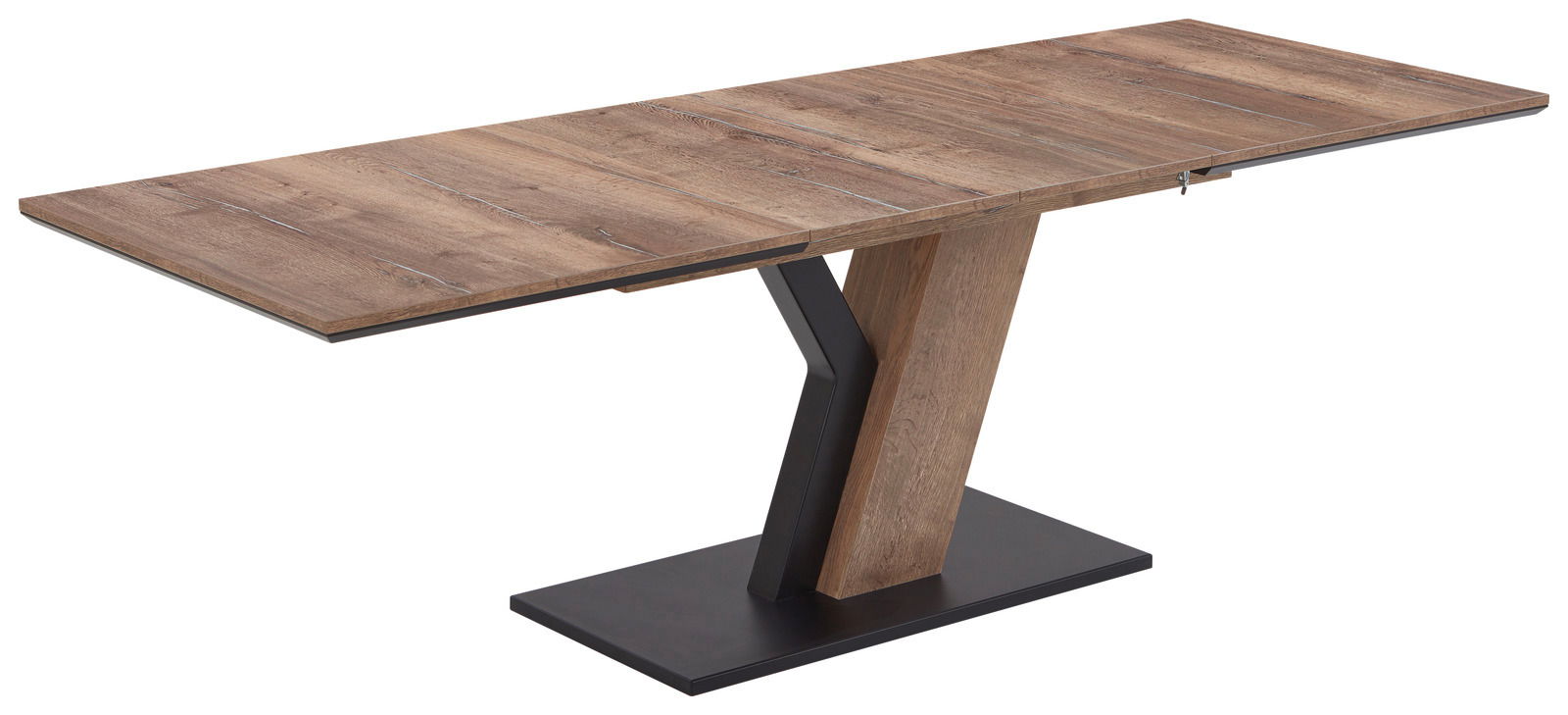 Moderner Esstisch aus Holz mit einzigartigem Y-förmigem Gestell, seitliche Perspektive