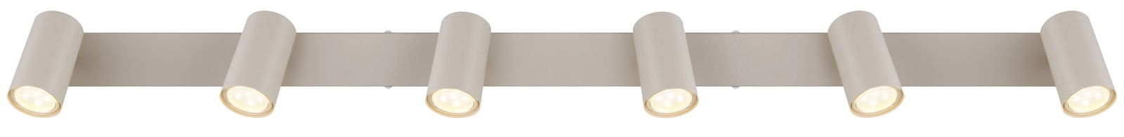 Sechsflammiger Strahler in moderner, horizontaler Anordnung, seitliche Perspektive