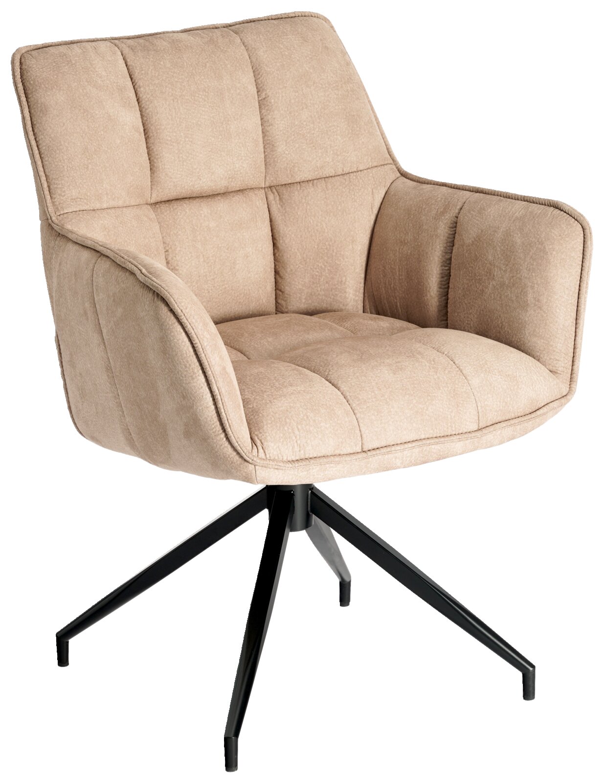 Novel Fauteuil BUFFALO Beige, gestoffeerde stoel met armleuningen en stiknaden op een zwart metalen voetstuk met draaivoet, weergegeven in een schuin vooraanzicht