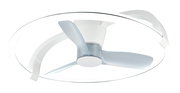 Moderner Deckenventilator mit transparenten Flügeln und elegantem Design, seitliche Perspektive
