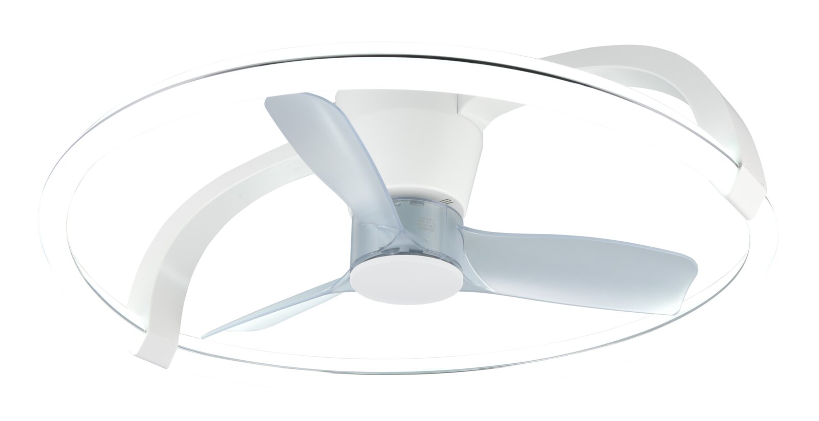 Moderne plafondventilator met transparante bladen en een elegant ontwerp, zijaanzicht