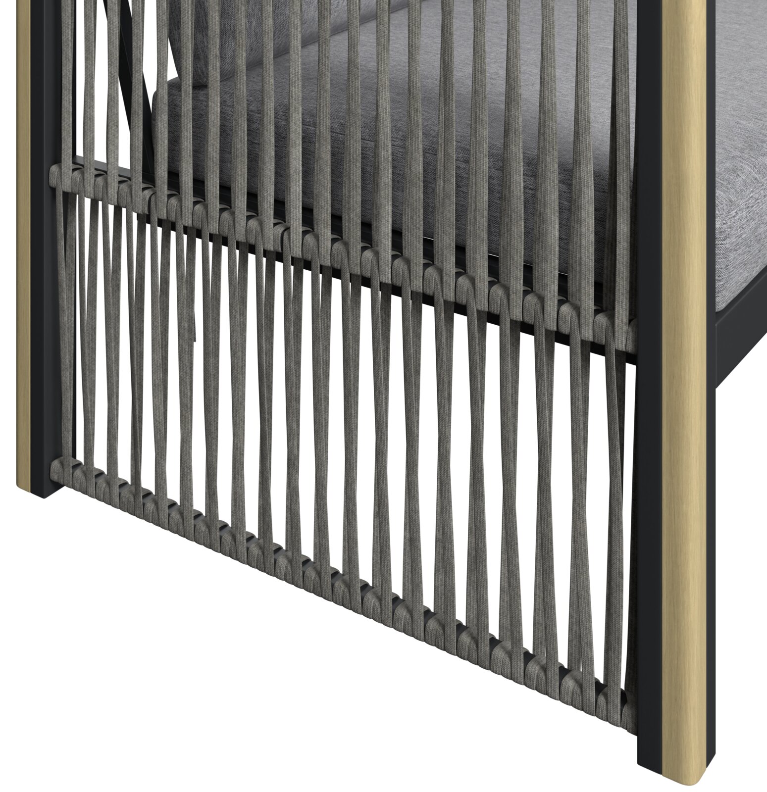 Detailansicht eines Lounge-Sets mit geflochtenem Seil-Design und Holzrahmen.