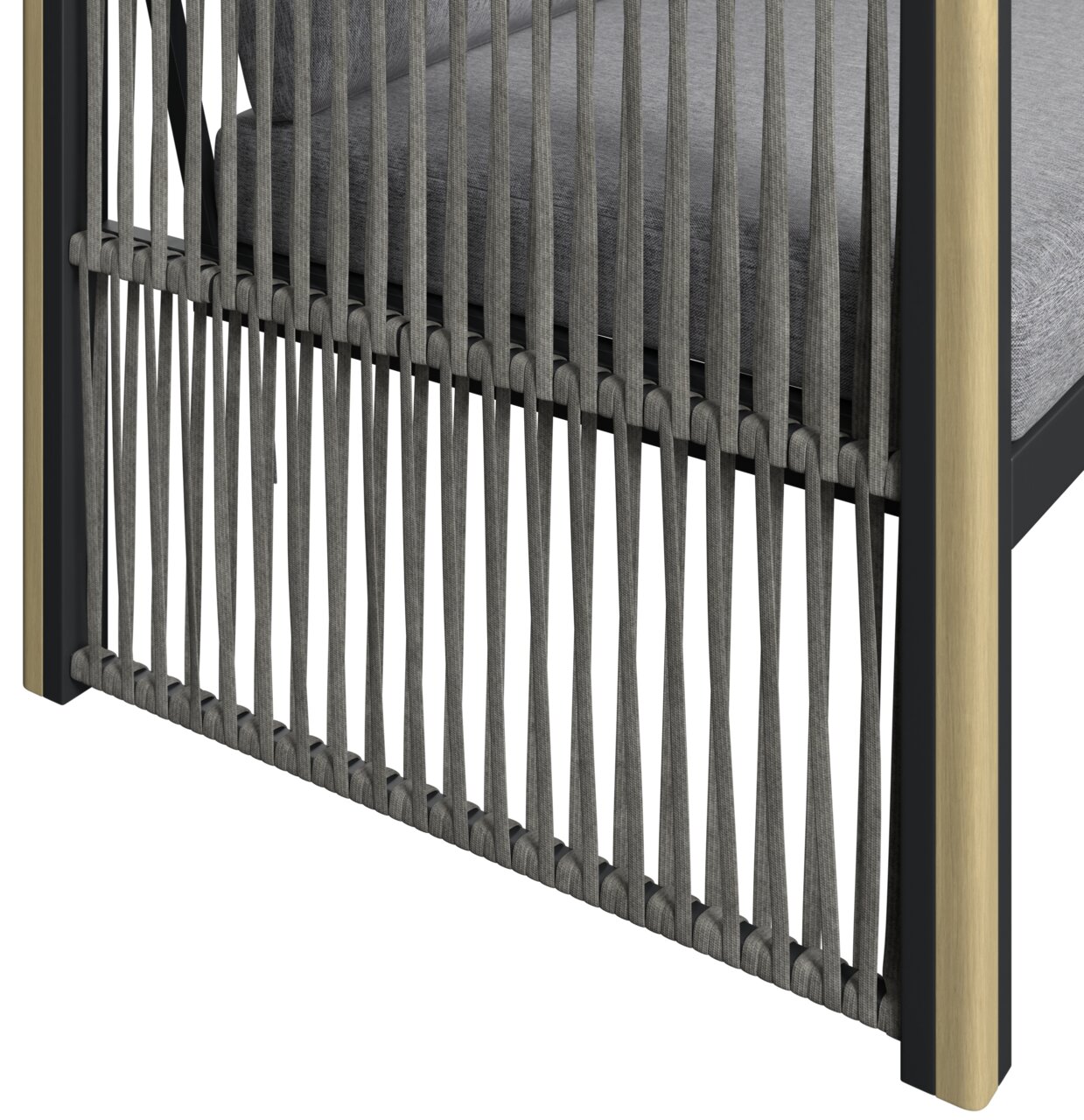 Detailansicht eines Lounge-Sets mit geflochtenem Seil-Design und Holzrahmen.