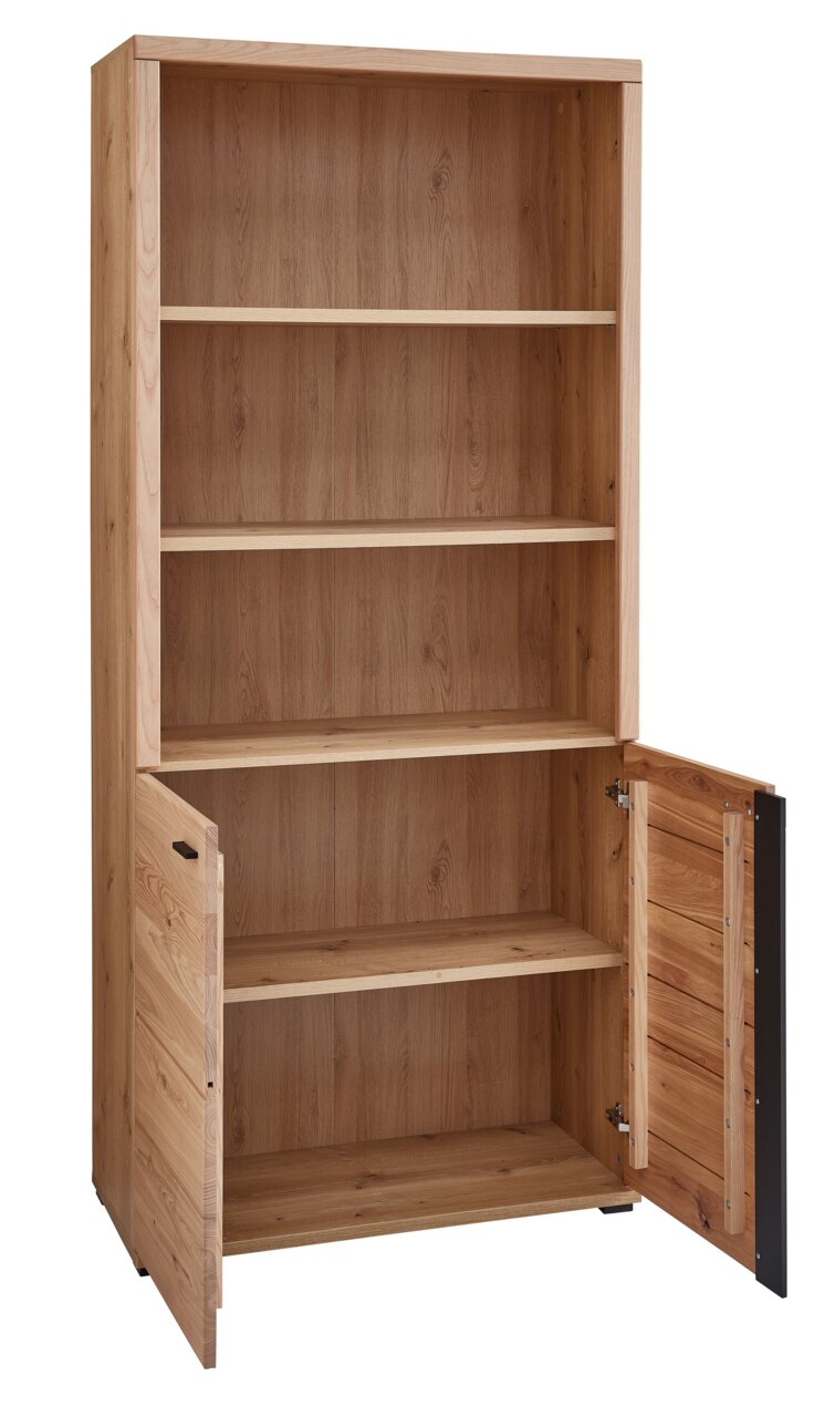 Holz-Akten- und Regalschrank mit offenen Regalböden und zwei geöffneten Türen, seitliche Perspektive