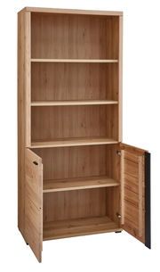 Holz-Akten- und Regalschrank mit offenen Regalböden und zwei geöffneten Türen, seitliche Perspektive