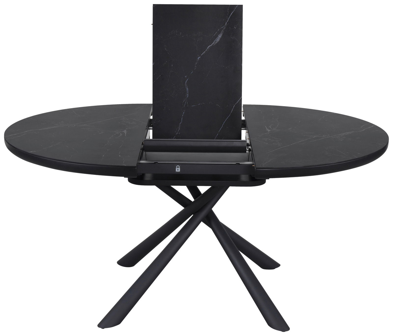 Moderner schwarzer Esstisch mit ausziehbarer Platte, Ansicht von vorne